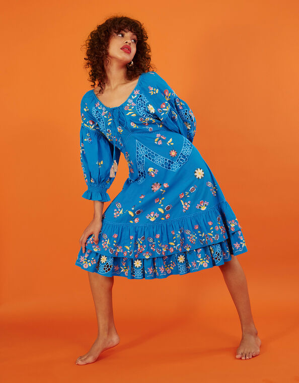 Tina Embroidered Knee-Length Dress, Blue (BLUE), large