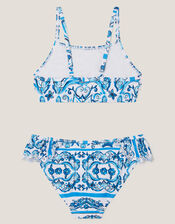 Calista Floral Print Ruffle Bikini Set, Blue (BLUE), large