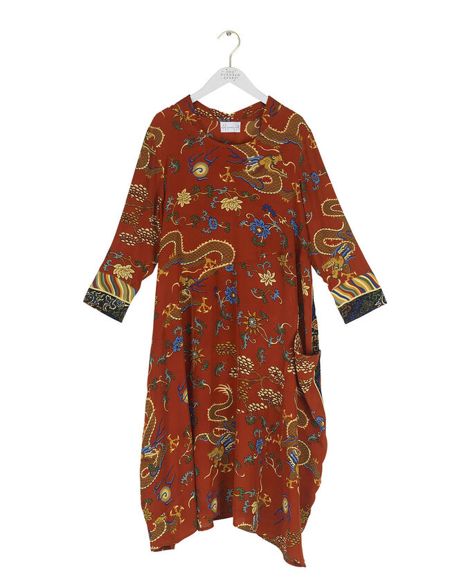 One Hundred Stars Asymmetric Dragon Print Dress, Orange (RUST), large