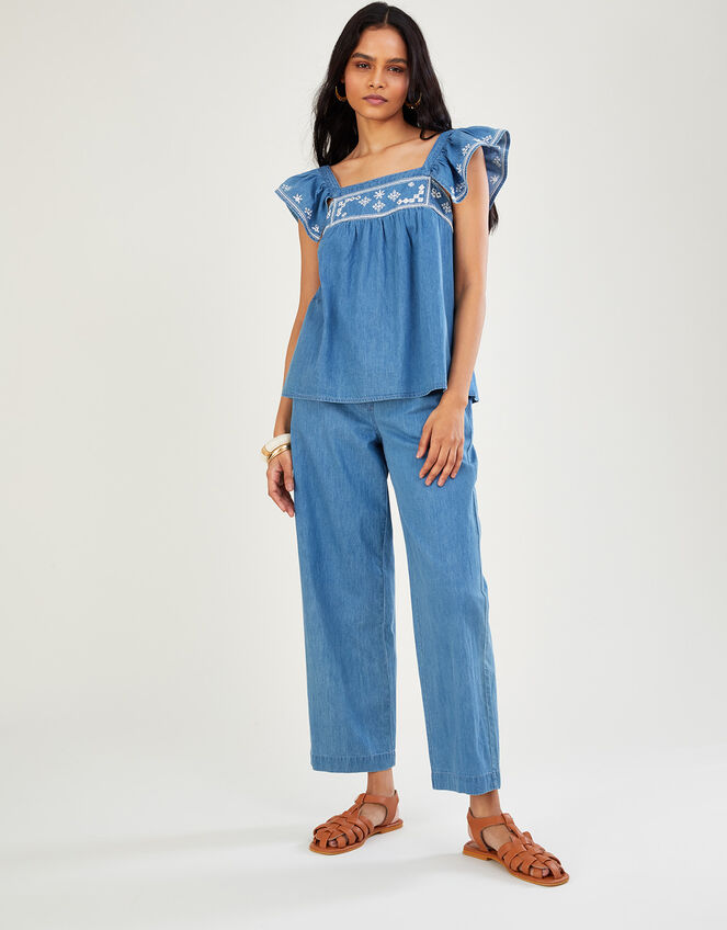 Embroidered Denim Top in Sustainable Cotton, Blue (BLUE), large
