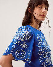 Keira Short Sleeve Embroidered Top, Blue (COBALT), large