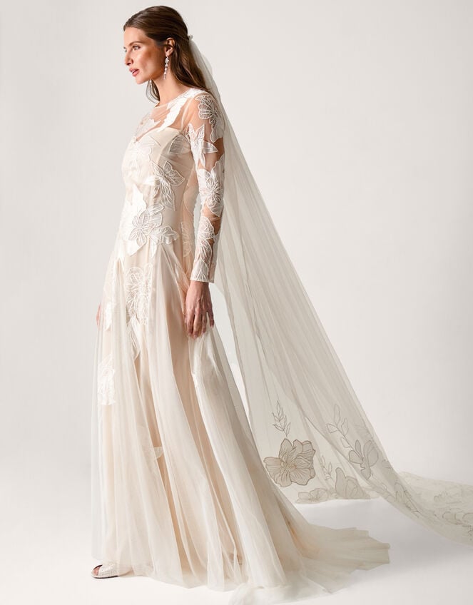 Milena Long Sleeve Floral Embroidered Mesh Wedding Dress, Ivory (IVORY), large