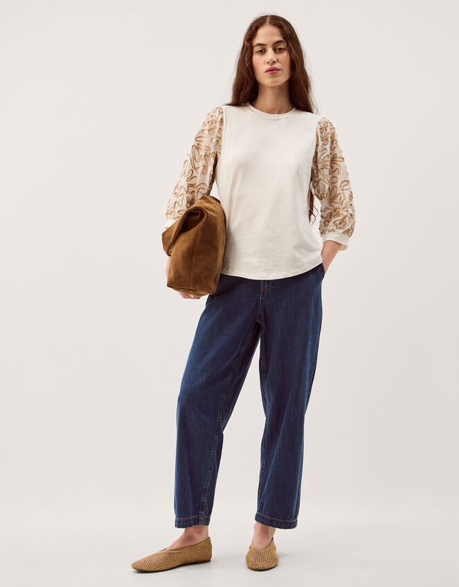 Freya Embroidered Sleeve Top, Ivory (IVORY), large