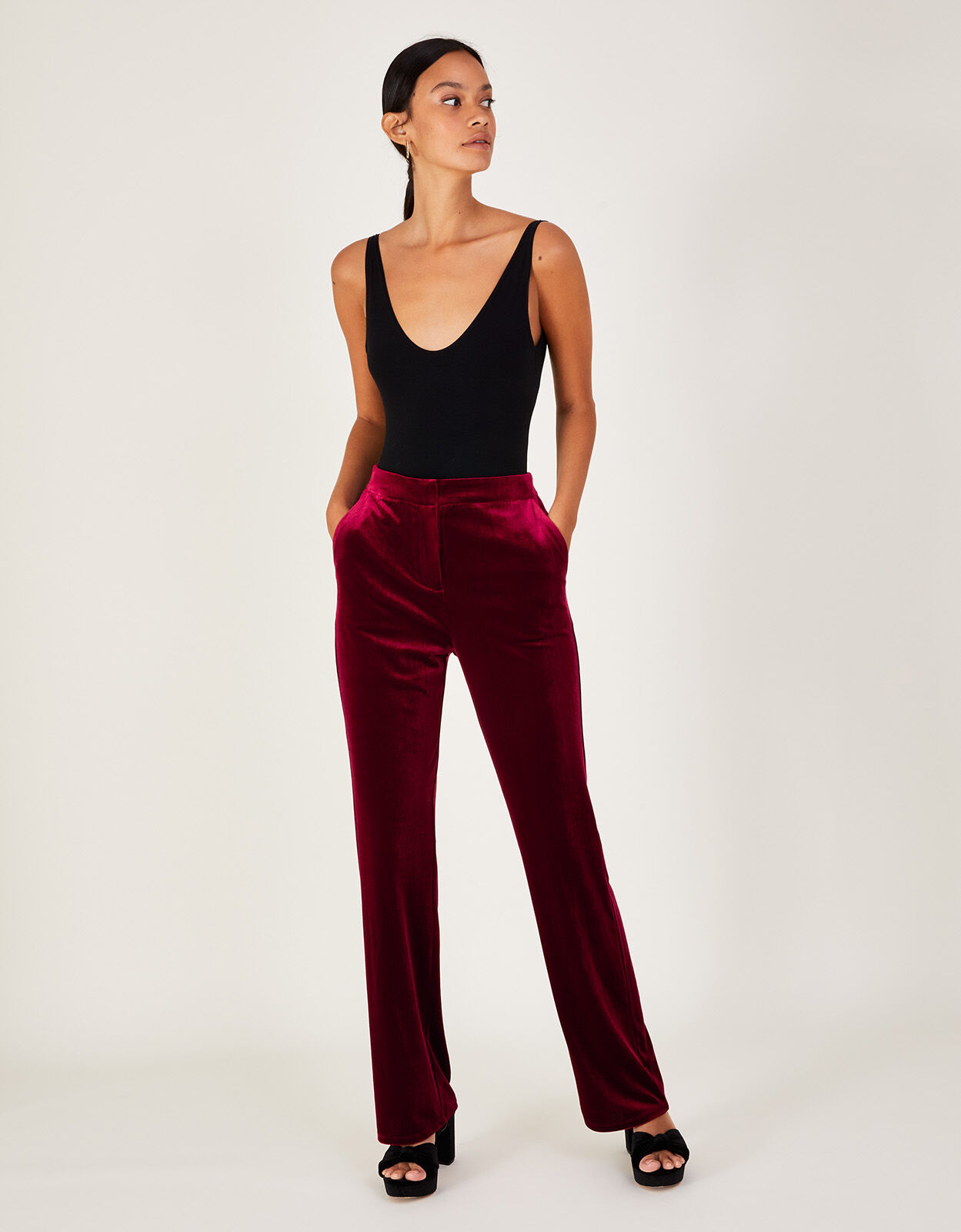 Burgundy velvet shop trousers womens
