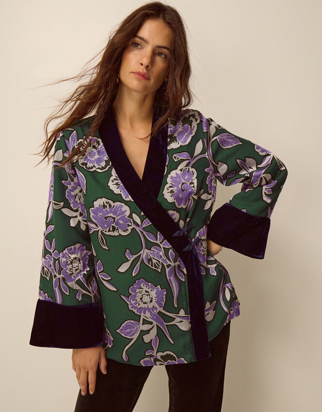 Willow Floral Print Kimono Jacket, Green (GREEN), large