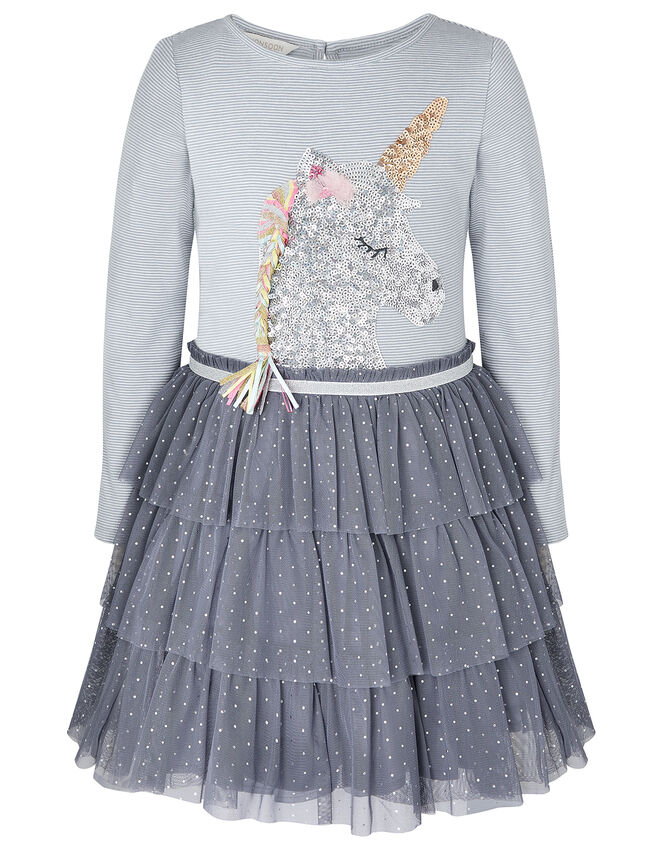 Disco Sequin Unicorn Stripe Dress, Grey (GREY), large