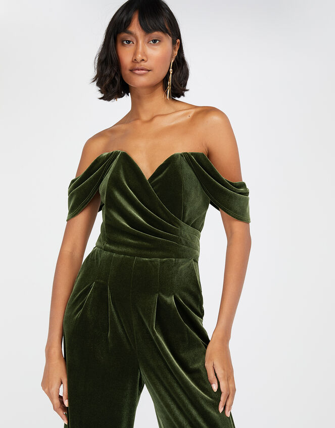 Barbara Bardot Velvet Jumpsuit, Green (KHAKI), large