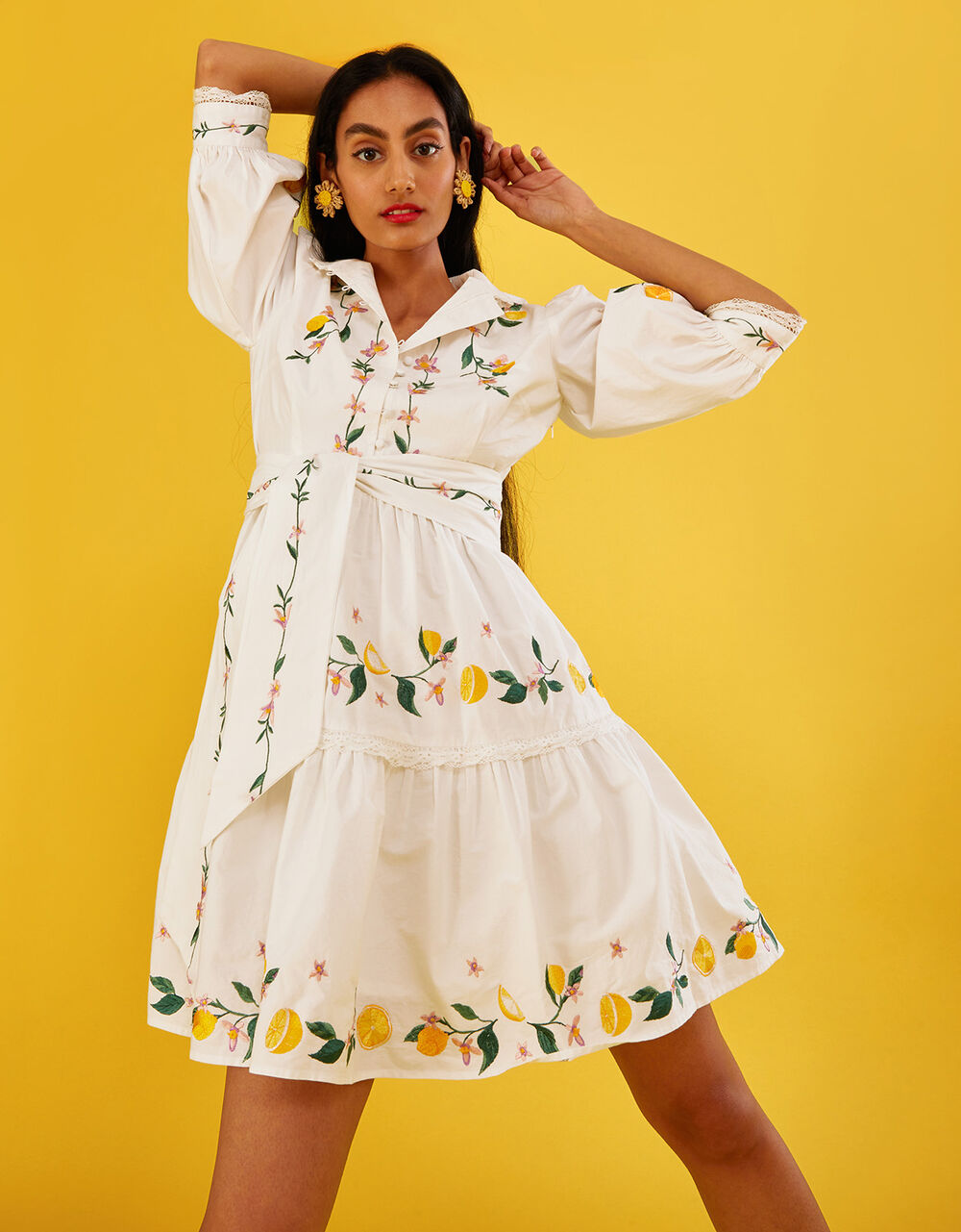 Women Dresses | Lyla Embroidered Lemon Short Dress Ivory - BF70561