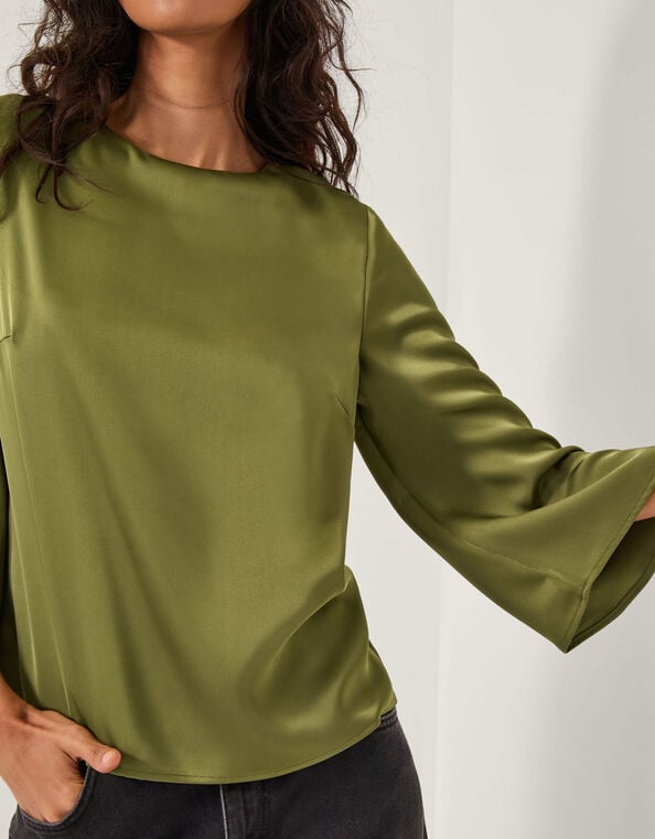 Ingrid Bell Sleeve Satin Blouse, Green (OLIVE), large