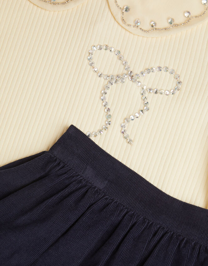 Bow Embellished Top & Corduroy Skirt Set, Blue (NAVY), large