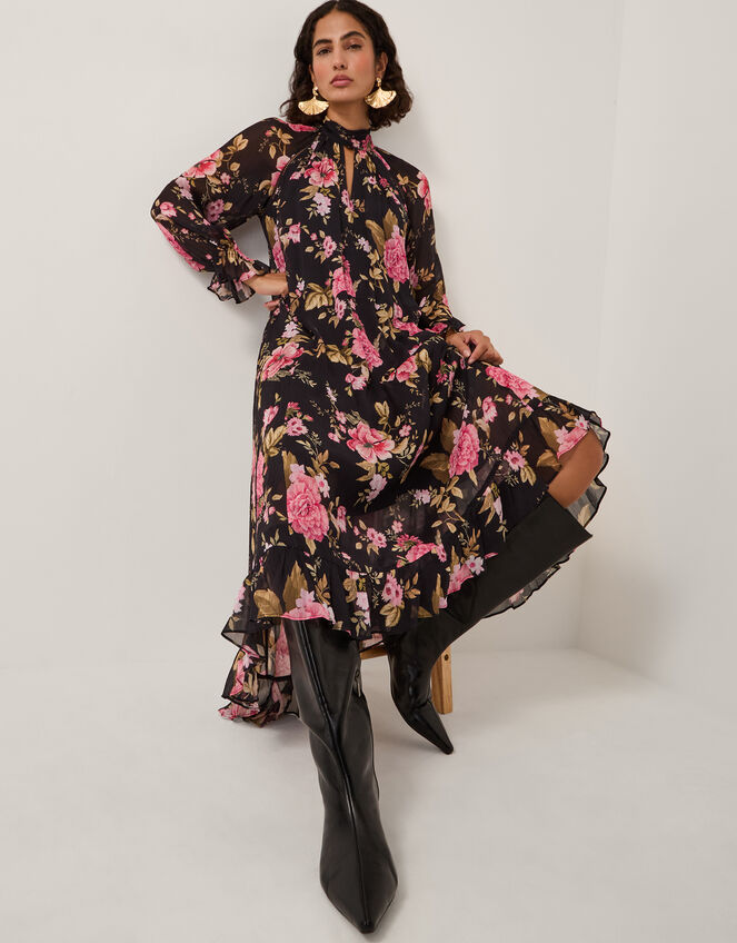 Mariel Floral Print Trapeze Midi Dress, Black (BLACK), large