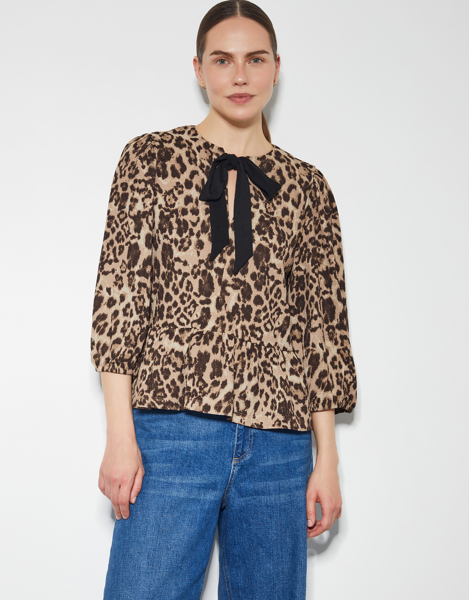 Archie Leopard Print Peplum Top Brown