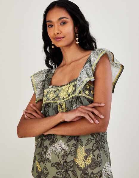 Heritage Print Square Neck Embroidered Sleeveless Top Green, Green (KHAKI), large