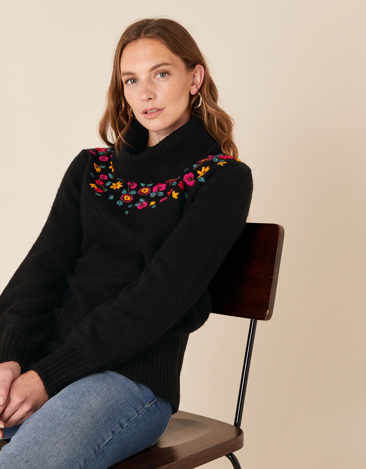 Floral Embroidered Yoke Knit Jumper Black