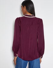 Thea Satin Bow Collar Blouse, Red (BURGUNDY), large