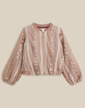 Sequin Stripe Bomber Jacket, Gold (GOLD), large
