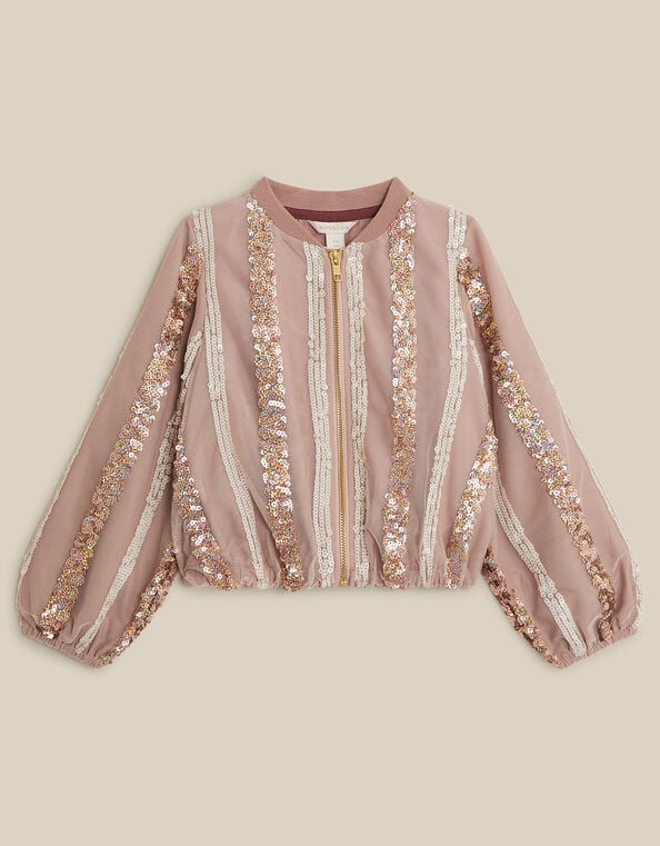 Sequin Stripe Bomber Jacket, Gold (GOLD), large