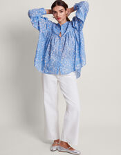 Dahlia Print Oversized Shirt, Blue (BLUE), large