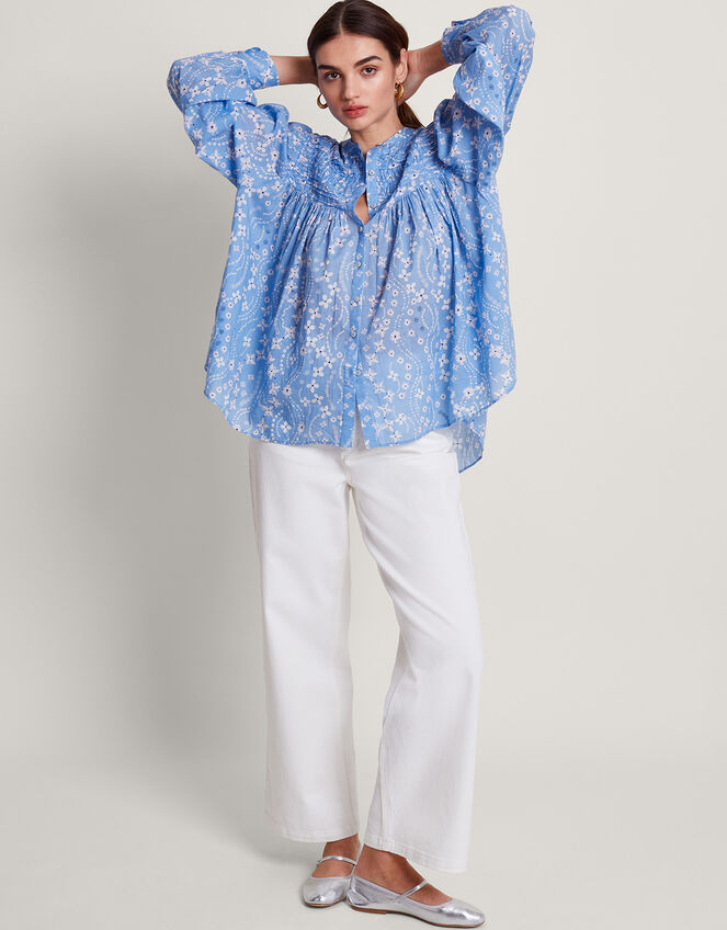 Dahlia Print Oversized Shirt, Blue (BLUE), large