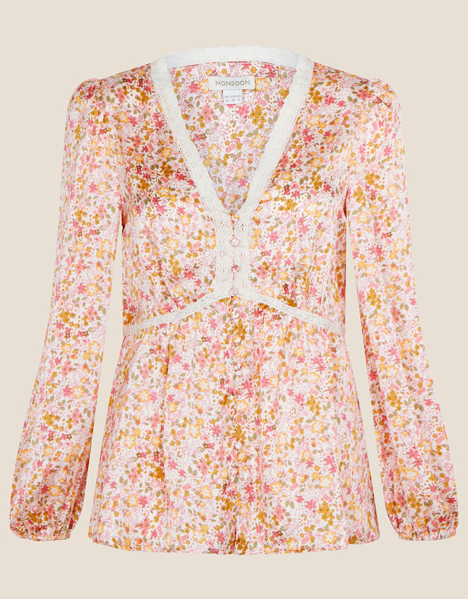 Ditsy Print Button Through Blouse with Recycled Polyester, Cream (CREAM), large
