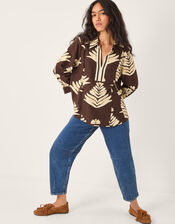 Pamela Linen Blend Leaf Print Top, Brown (CHOCOLATE), large