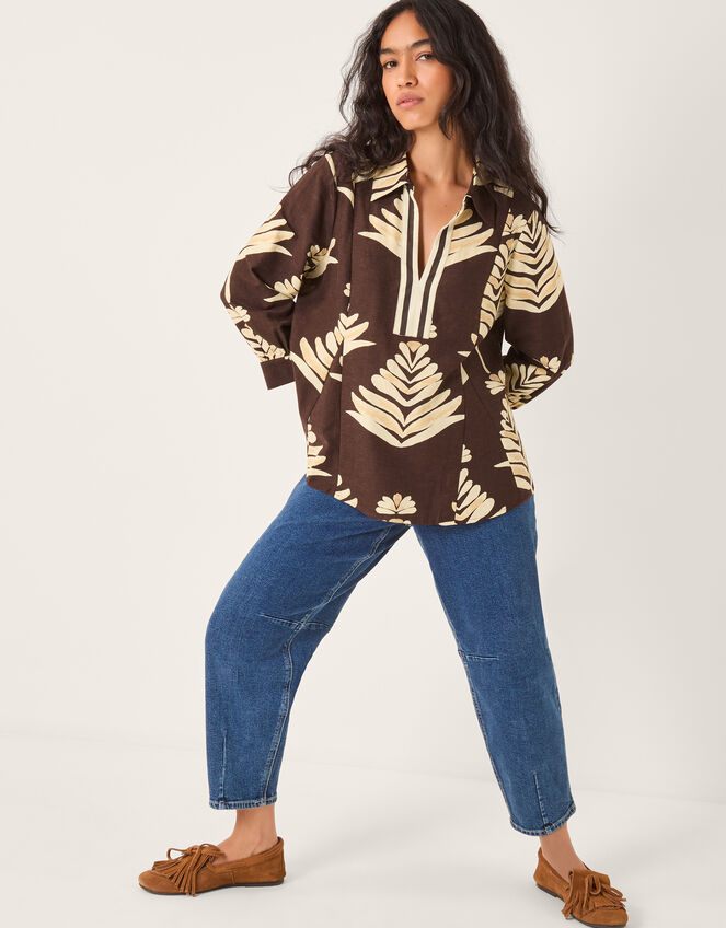 Pamela Linen Blend Leaf Print Top, Brown (CHOCOLATE), large