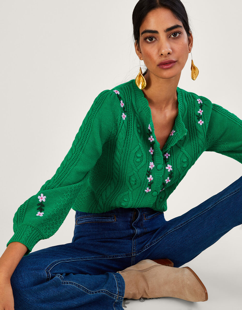 Hand Embroidered Cable Knit Cardigan Green Cardigans Monsoon UK.