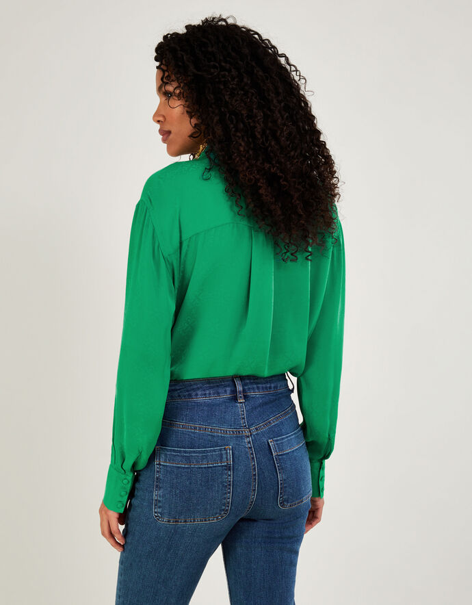 Green Triangle Print Button Back Sheer Blouse