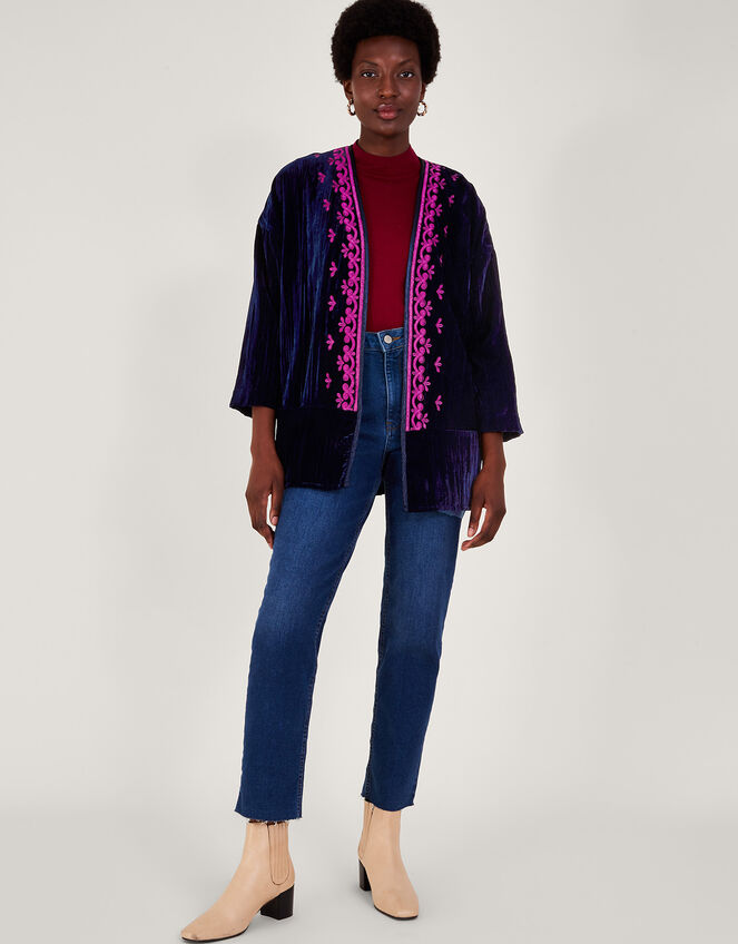 Leah Embroidered Velvet Kimono Blue