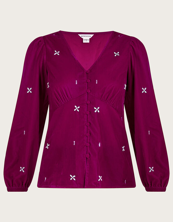Carola Embellished Velvet Blouse, Pink (PINK), large