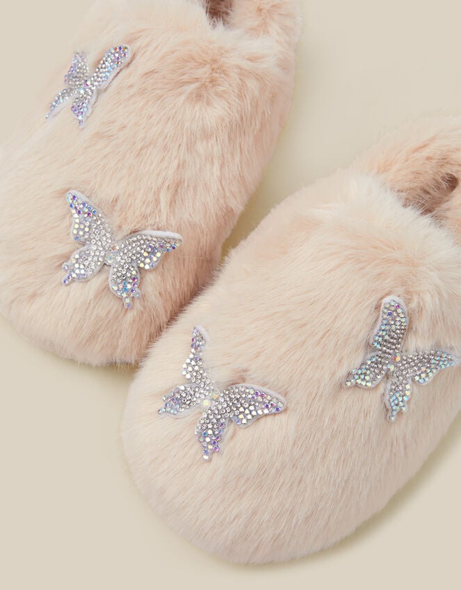 Fluffy Rhinestone Butterfly Slippers, Ivory (IVORY), large