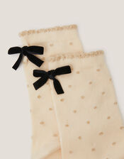 Glitter Spot Bow Socks, Cream (CREAM), large