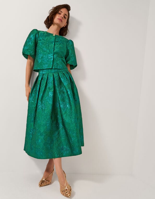 Jolene Floral Jacquard Midi Skirt, Green (GREEN), large