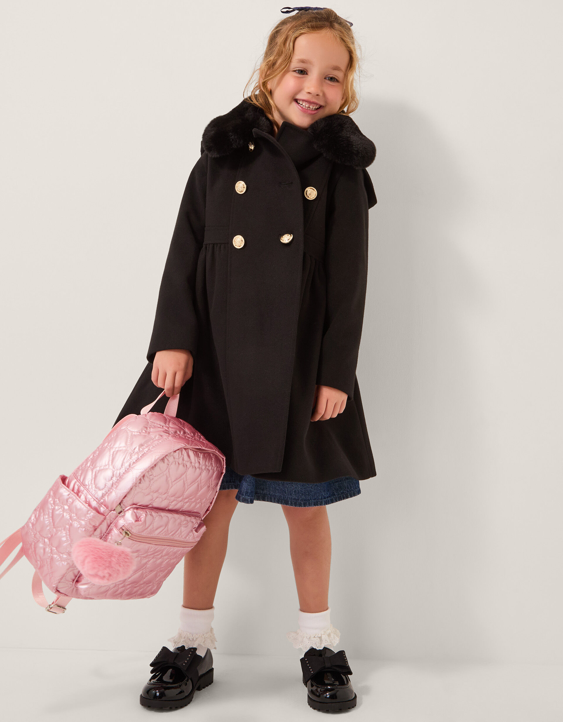 Faux Fur Collar Double-Breasted Coat Black