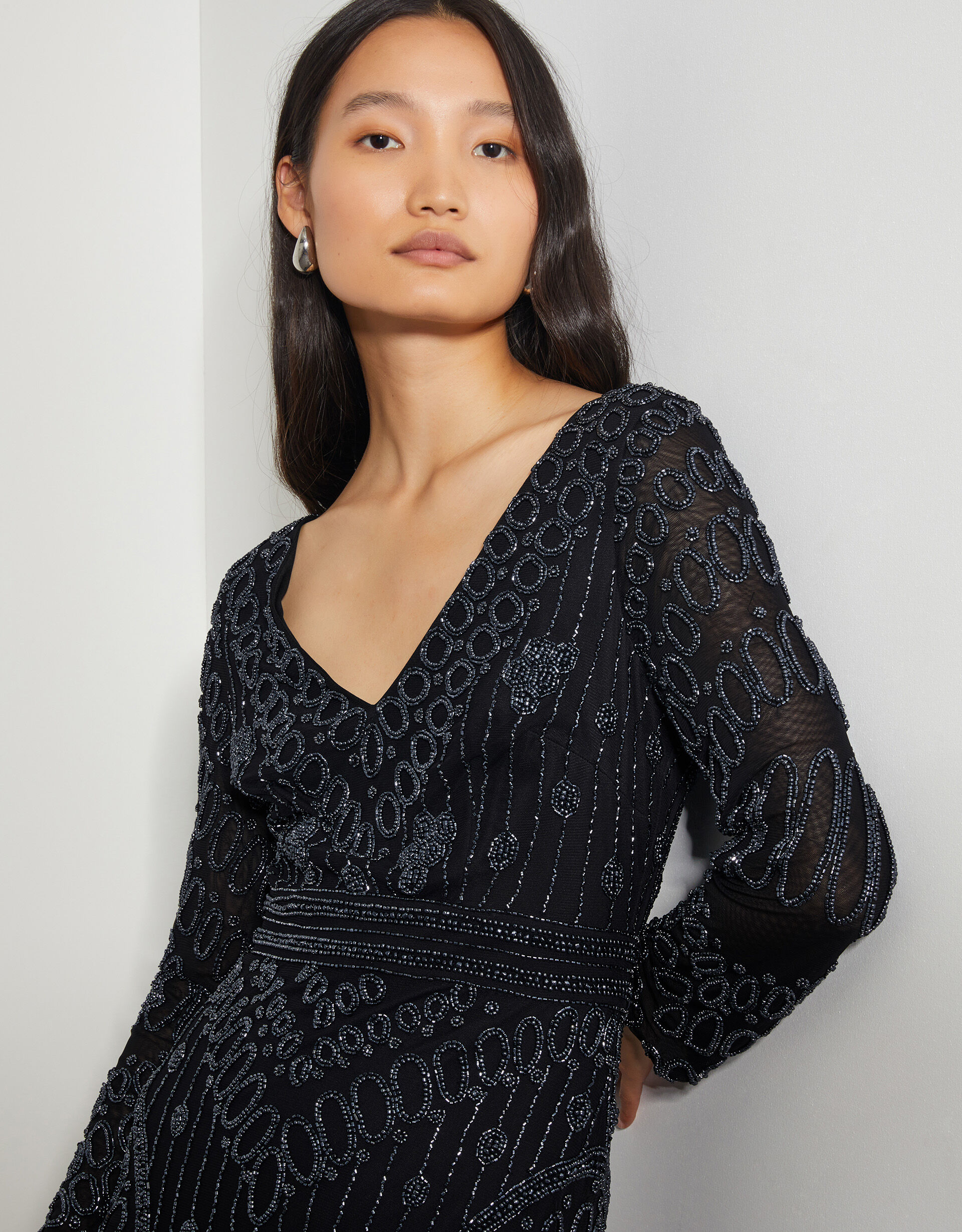 Black beaded long sleeve dress 2025