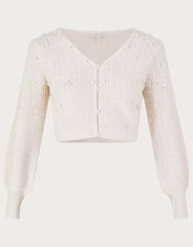 Pointelle Pearl Short Cardigan with Recycled Polyester, Ivory (IVORY), large