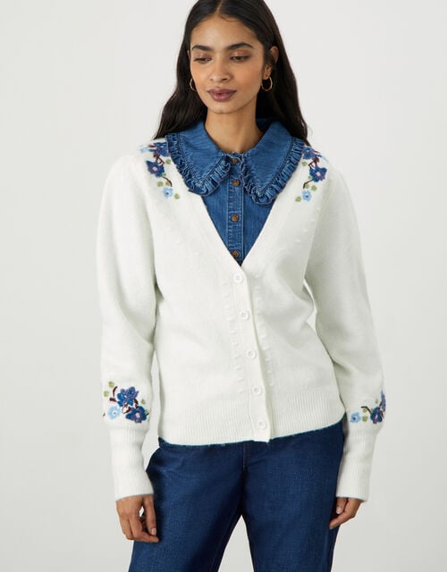 Short Button Through Embroidered Cardigan, Ivory (IVORY), large