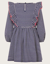 Floral Embroidered Stripe Ruffle Dress, Blue (NAVY), large