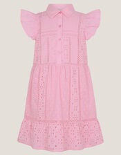 Flutter Sleeve Broderie Tiered Dress, Pink (PINK), large