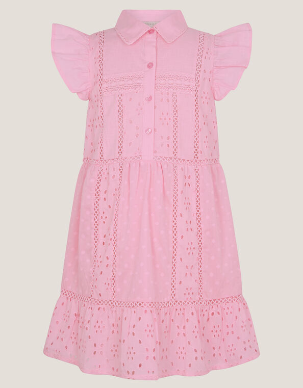 Flutter Sleeve Broderie Tiered Dress, Pink (PINK), large