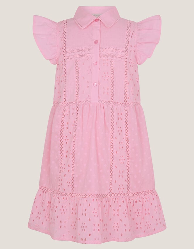 Flutter Sleeve Broderie Tiered Dress, Pink (PINK), large