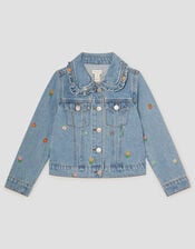 Floral Embroidered Denim Jacket, Blue (BLUE), large