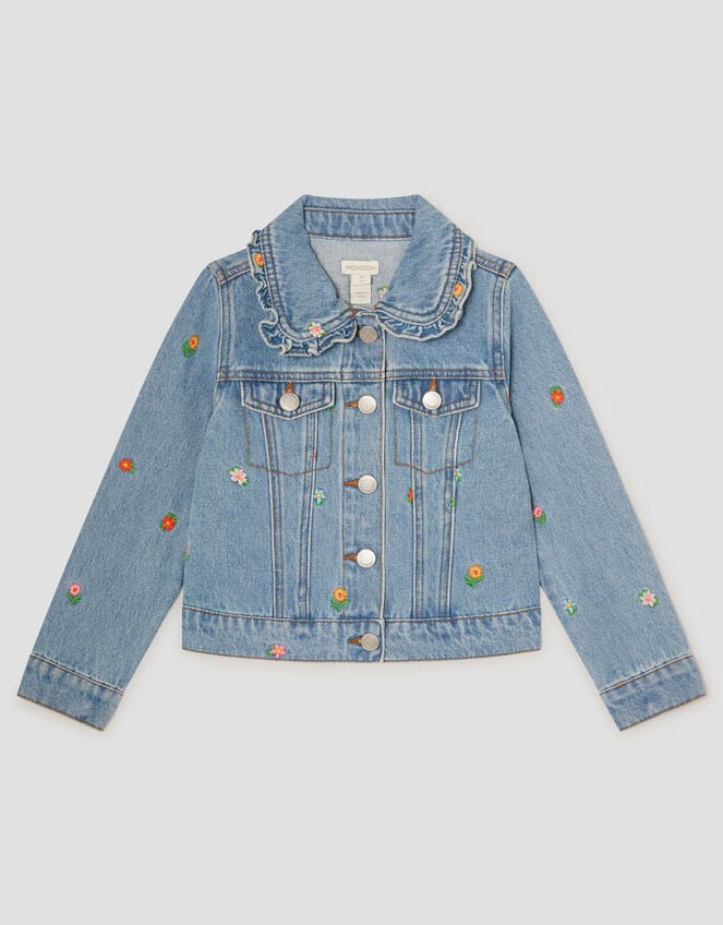 Floral Embroidered Denim Jacket, Blue (BLUE), large