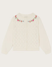 Floral Embroidered Pointelle Cardigan, Ivory (IVORY), large