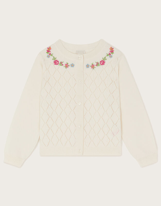 Floral Embroidered Pointelle Cardigan, Ivory (IVORY), large