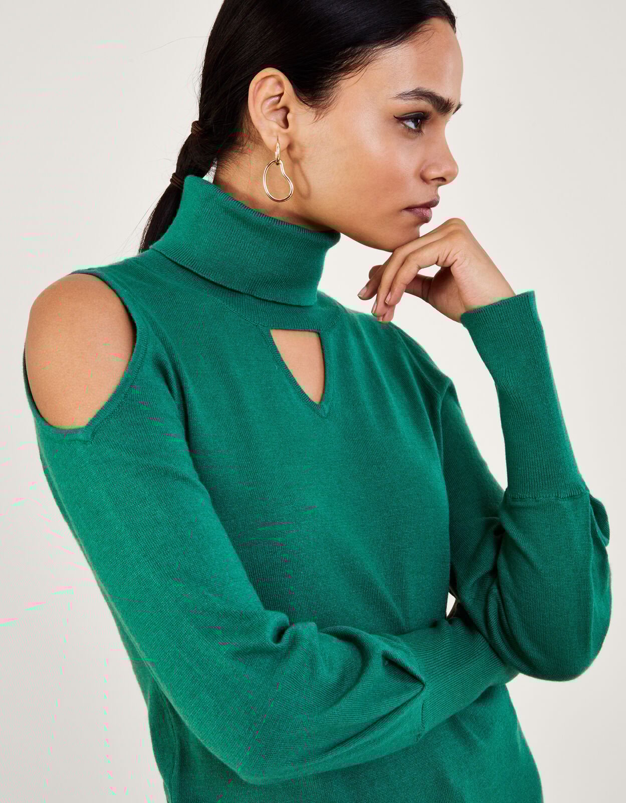 Cold Shoulder Roll Neck Jumper Green Knitwear Monsoon UK
