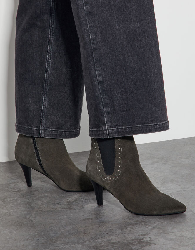 Oriana Suede Stud Heeled Boots, Green (OLIVE), large