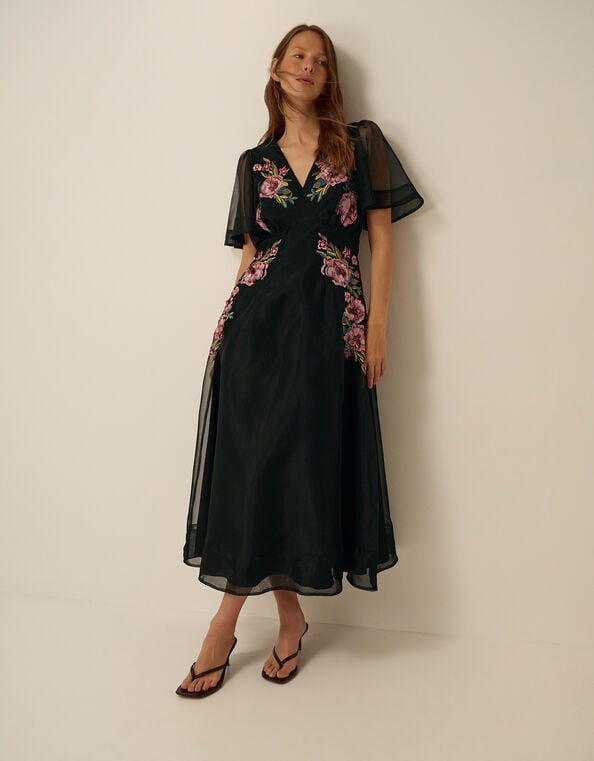 Felicity Floral Embroidered Midi Dress, Black (BLACK), large