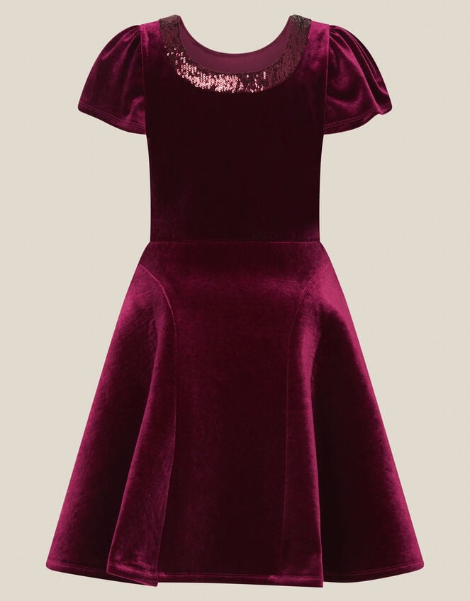 Genevieve Sequin Bow Velvet Party Dress, Red (BURGUNDY), large