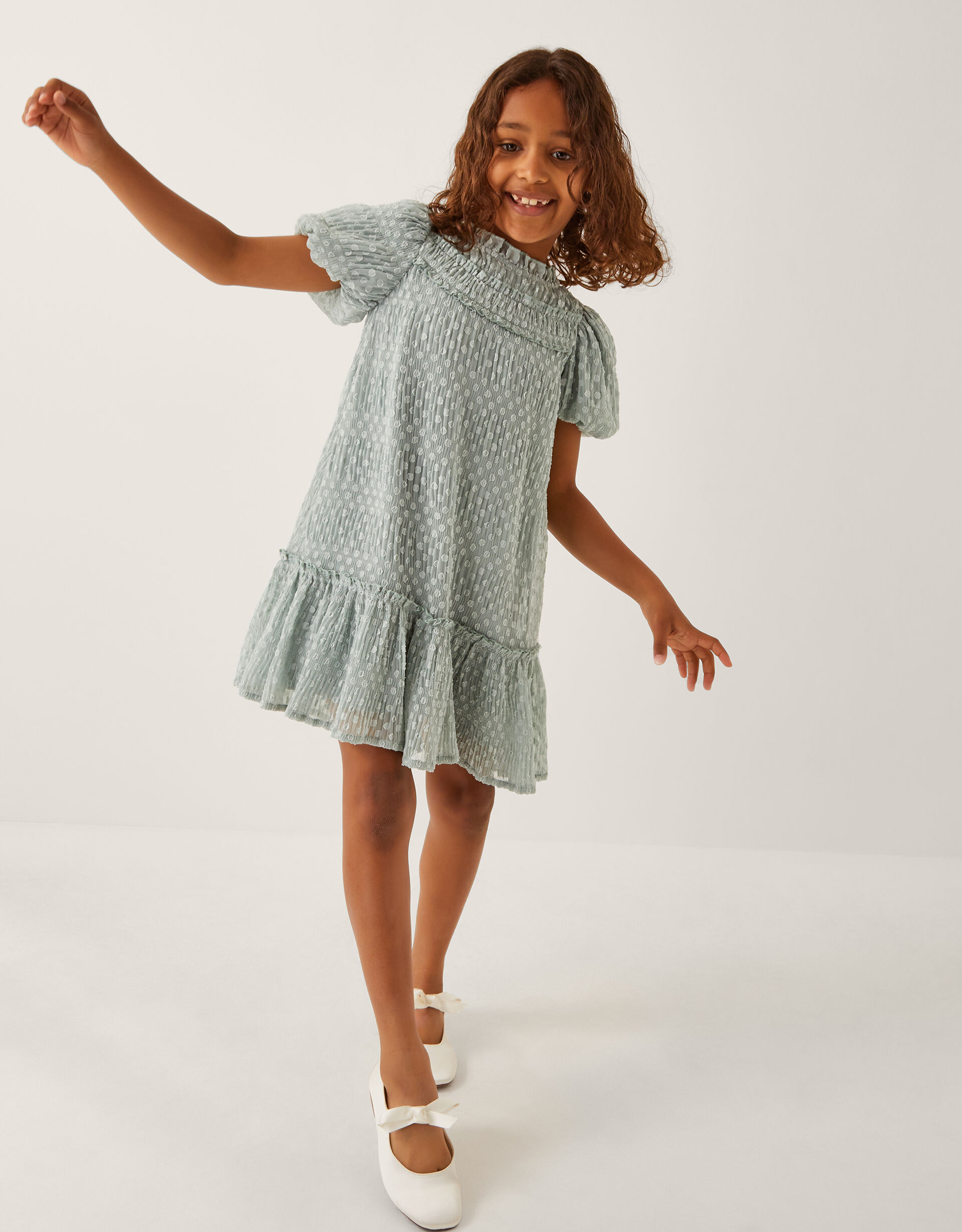 Textured Polka Dot Party Dress Green
